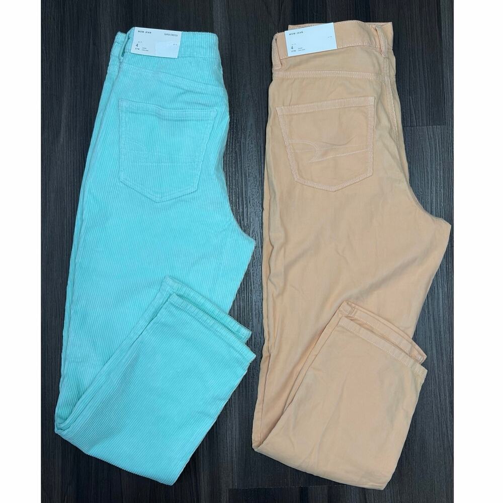 NWT American Eagle Mom Jean pants sz 4 bundle corduroy teal coral preppy stretch